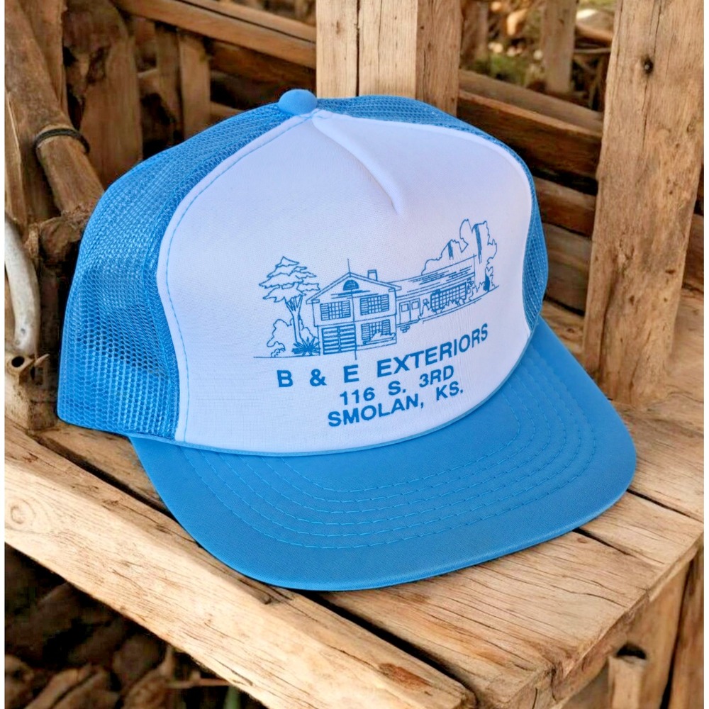 Vintage "B & E EXTERIORS"  Snapback Meshback Foam Hat Cap Blue/White